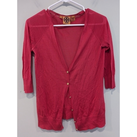 Tory Burch Raspberry Pink Cotton Silk Cashmere Wool Blend Cardigan Small - Picture 5 of 5